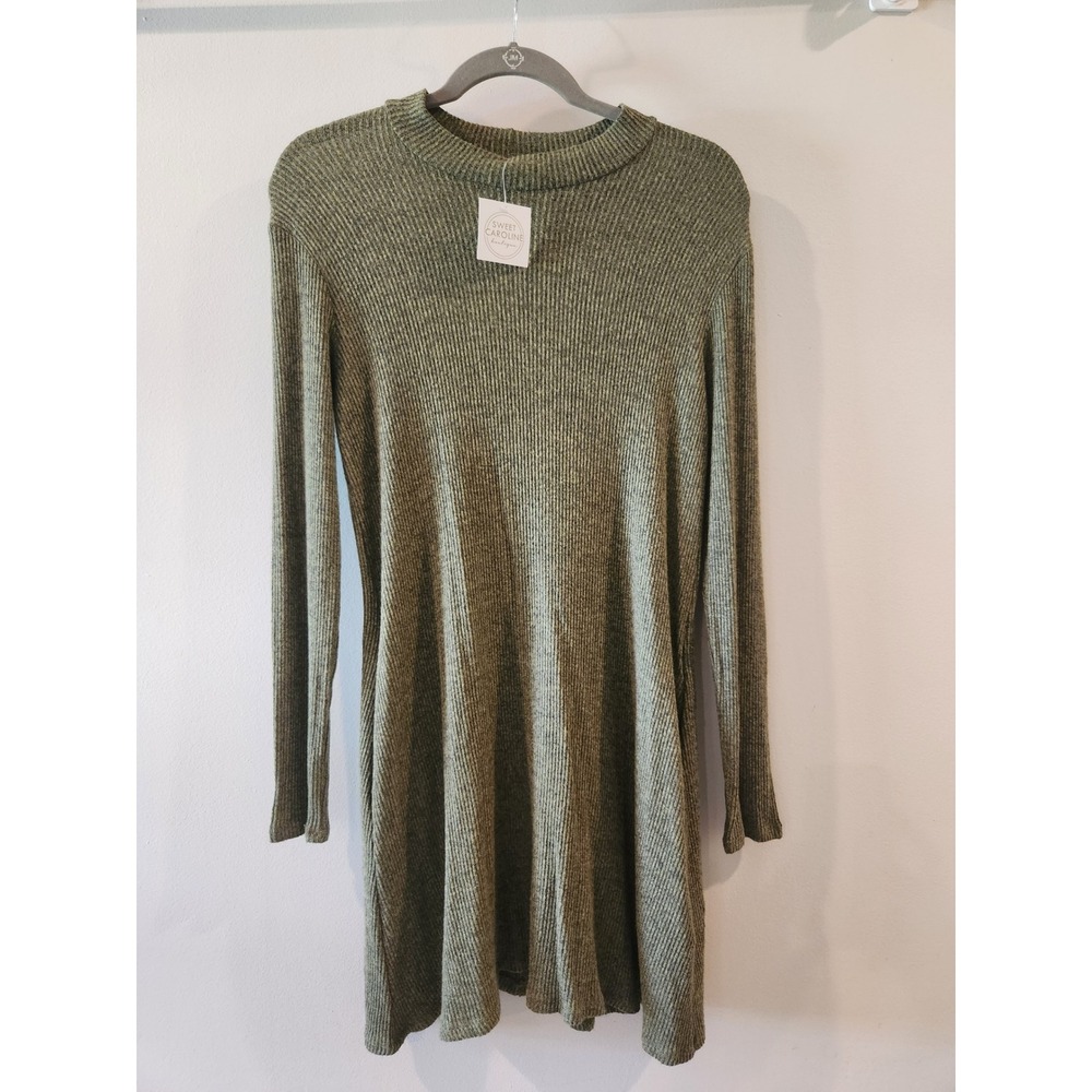 1.4.3. Story Ribbed Knit Dress Long Sleeve Fit & Flare Green Pockets Size S